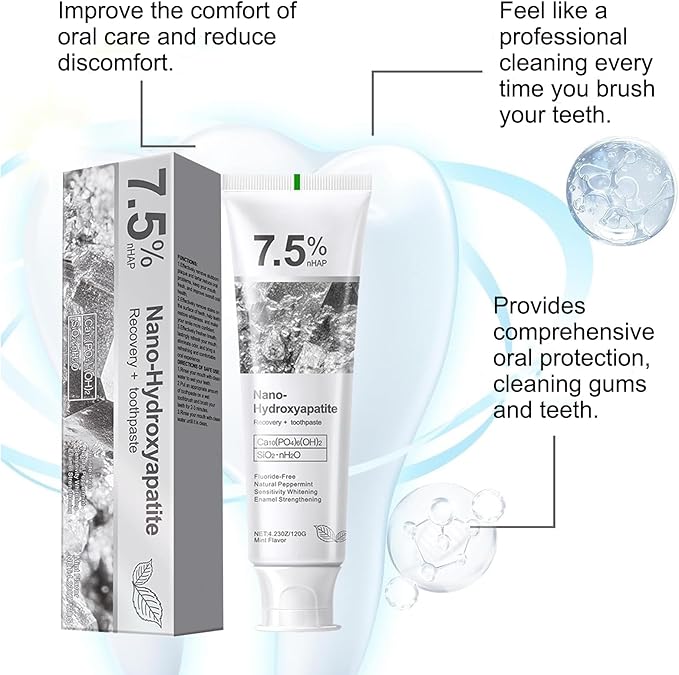 7.5% Nano Hydroxyapatite Toothpaste, Advanced Enamel Protection, Deep Cleaning, Fluoride-Free Formula with Gentle Mint, Freshens Breath, for Sensitive Teeth