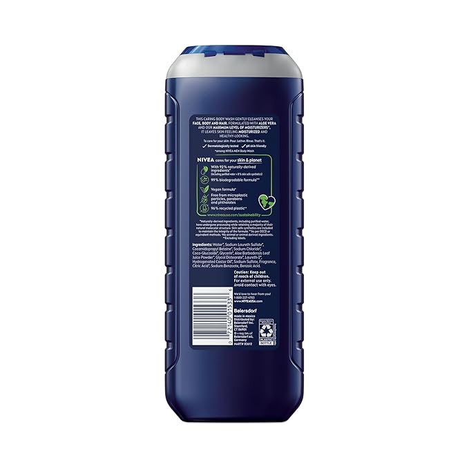 Nivea Men Maximum Hydration Body Wash for Dry Skin, Aloe Vera Enriched, 3-in-1 Moisturizing Body Wash, Face and Hair, Paraben Free, Vegan Formula, 16.9 Fl Oz Bottle, Pack of 3