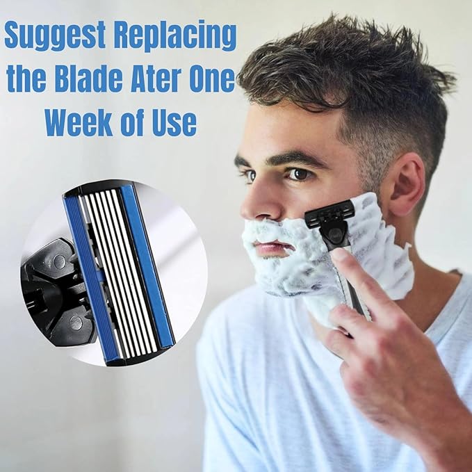6-Blade Razor for Men, Men's Razors Set Includes Handle & Blade Refills, Precision Manual Beard Trimmer Safety Men Shaving Essentials Kit Travel Face Cleansing Shaver (1 Razor + 3 Blades)