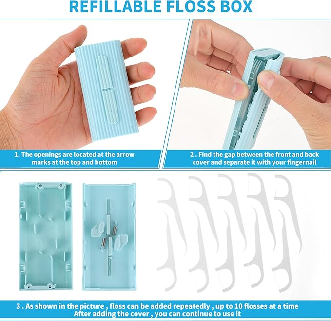 WLLHYF Portable Dental Floss Pick Organizer Travel Flosser Dispenser Storage Case Refillable Holder Boxes with 10 Floss Picks for Teeth Cleaning (White, Blue, Pink)