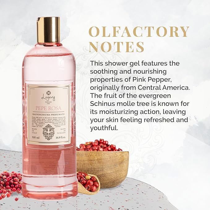 Logevy Pepe Rosa Shower Gel – Indulgent Pink Pepper Aroma Made from the Best Skin-Friendly Ingredients, Rich in Nutritional Properties for Rejuvenating, Hydrating, and Soothing Action – 500ml