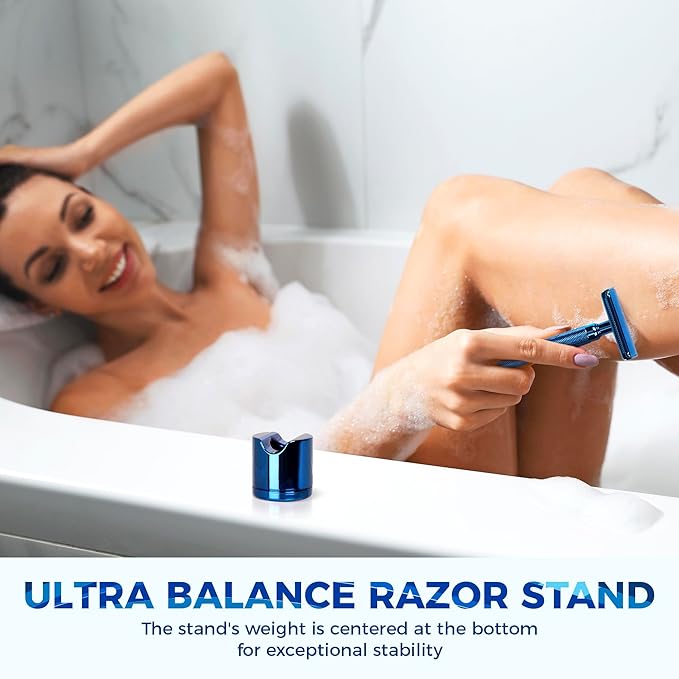 ZOMCHI Double Edge Safety Razor for Men with Stand, [New Version 2.0 ] Reusable Metal Razor with 10 Double Edge Blades, Single Blade Razors for Men & Women – Noble Blue