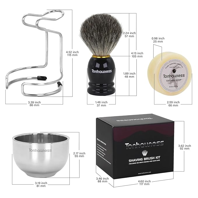 Shaving Brush Kit for Men, 4 in 1 Shaving Brushes Set Includes Badger Hair Shave Brush, Stainless Steel Shaving Bowl&Stand and Goat Milk Flavor Shaving Soap