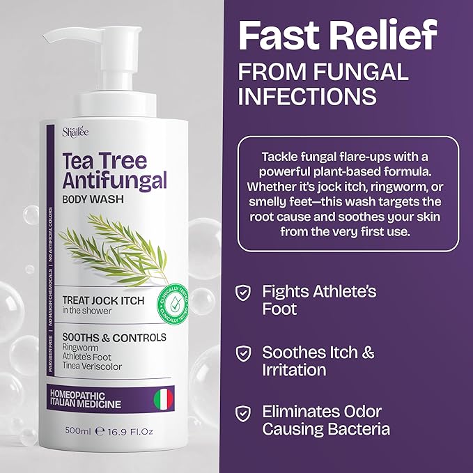 Antifungal Tea Tree Body Wash - Eczema Body Wash, Jock Itch, Back Acne, Ringworm Treatment for Humans | Antifungal Soap For Men & Women with 1% Tolnaftate & Tea Tree Oil - 16.9 oz