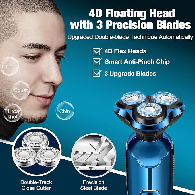 Electric Razor for Men, 3-in-1 Shaver with Floating Blades for Nose Hair &Sideburns,Replacement Blades, Pop-up Trimmer, IPX7 Waterproof, Travel Lock, Wet & Dry Use, Face Shaving Grooming Travel Kit