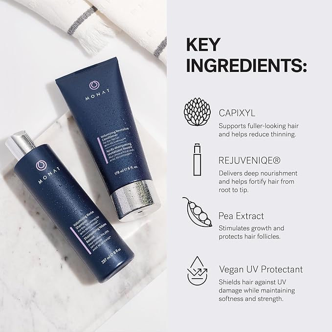 MONAT Volumizing Shampoo & Conditioner Set Infused with REJUVENIQE – Lightweight Care for Fine, Flat Hair – Enhances Volume, Adds Softness and Shine – Net Wt. 237 ml (8 fl. oz.) & 177 ml (6 fl. oz.)
