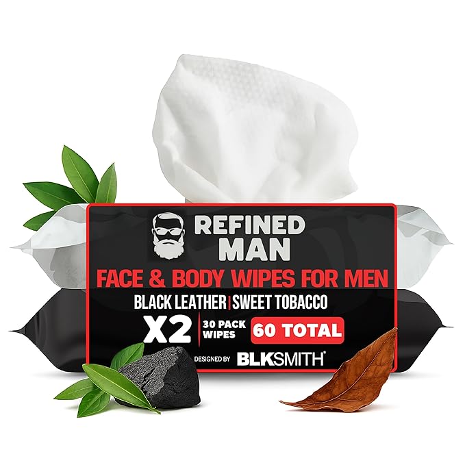 BLKSMITH Face & Body Wipes for Men - Travel Face & Body Wipes - Total 60 - Black Leather & Sweet Tobacco, Cool Gifts for Men 30x2 Wipe - Ideal for Gym, Office, or Outdoors, 2 Pack