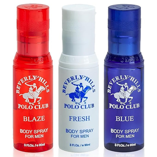Beverly Hills Polo Club Men's Body Spray Collection - 3 x 3oz Designer Cologne Gift Set for Everyday Freshness & Travel
