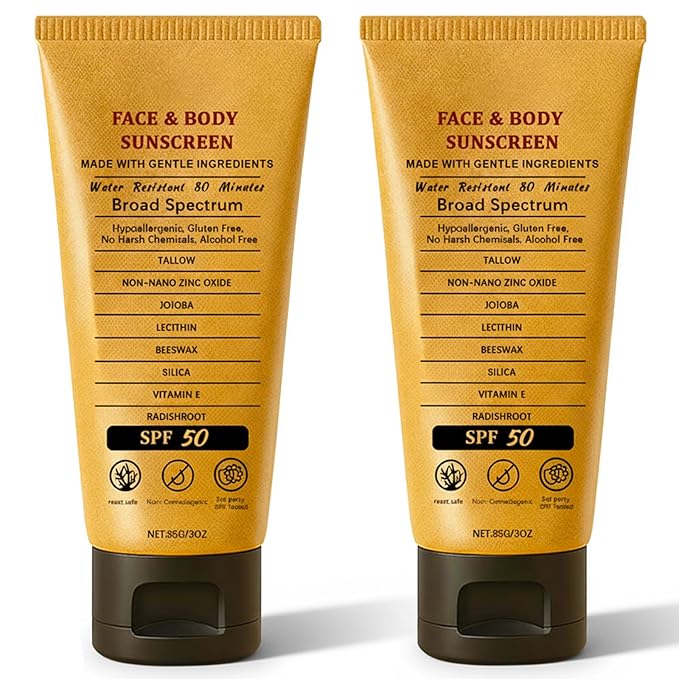 2pcs Beef Tallow Sunscreen with Zinc Oxide Reef Safe Sunscreen SPF 50,Non-Greasy Beef Tallow Sunscree Natural Organic Formula for Body Facial,Women and Men(85g/count)