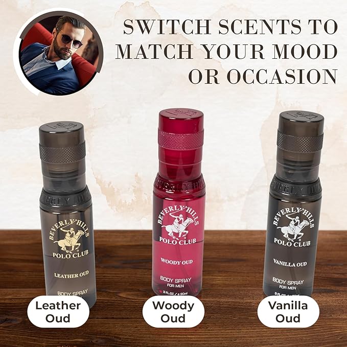 Beverly Hills Polo Club Mens Body Spray Gift Set - 3pc Collection of Oud Fragrances (Vanilla, Leather & Woody) in Sleek 3oz Bottles - Long-Lasting BHPC Cologne Body Sprays for Men