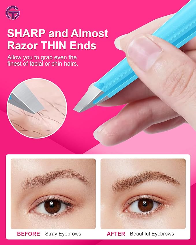 Expert Slant Tip Tweezers with Leather Case, GlamTweeler Sharp & Precision Stainless Steel Tweezer for Eyebrows, Facial Hair and Fine Hairs Removal (Sparkle Blue & Silver)