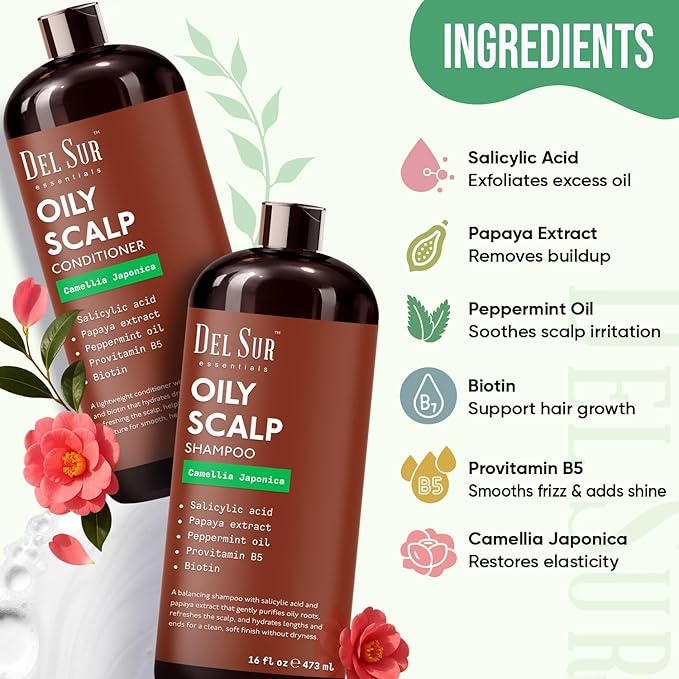 DEL SUR Clarifying Shampoo & Conditioner Set for Oily Scalp | 16 fl oz | with Camellia Japonica, Salicylic Acid, Papaya & Biotin | Oil Control for Oily Roots & Greasy Hair