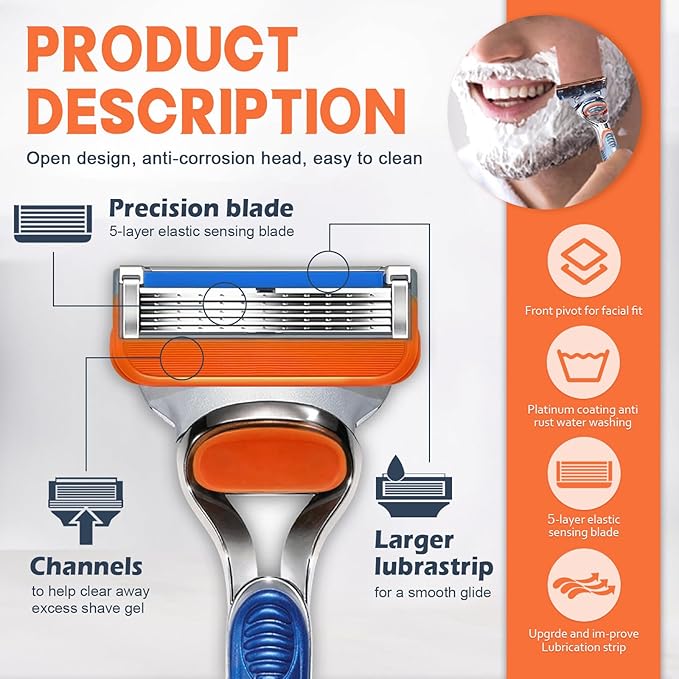 16 Count Razor Blade Shaving Razor Blade Refills for Fusion 5, a More Comfortable Shave for Men, Orange New Version