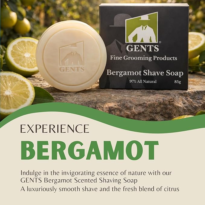 GENTS Traditional Men’s Shaving Soap - 97% Natural Wet Shave Bar with Shea Butter & Glycerin - Rich Lather Formula for Smooth Shave - 3oz Bergamot