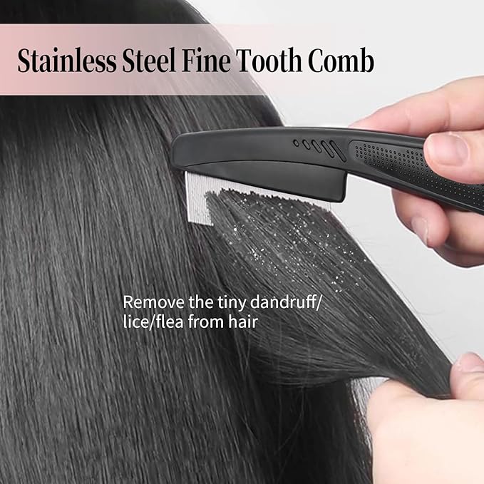 Dandruff Comb, Stainless Steel Fine Tooth Lice/Flea/Psoriasis Comb, Scalp Oil Buildup Removal Wide Hollow Tooth Button Hairbrush for Scalp Massage Care for Man Women and Kids (Black)