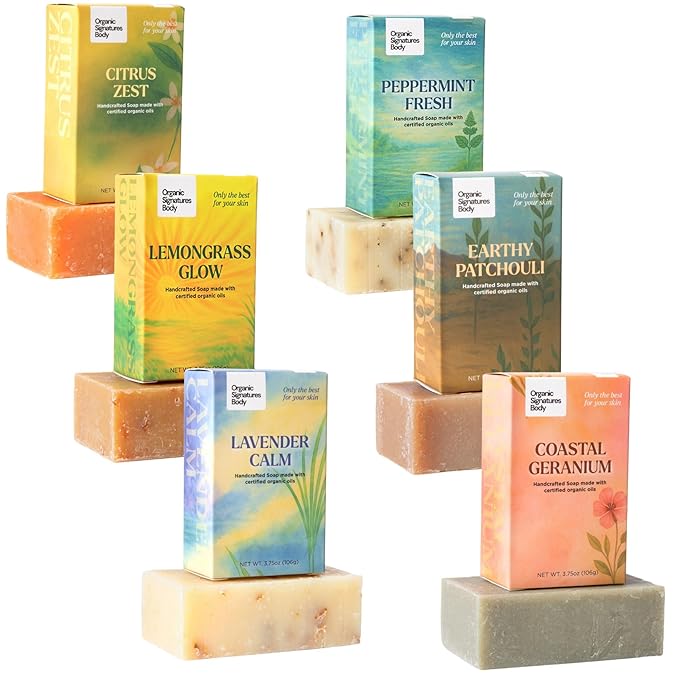 Organic Soap Bar Set - 6 Pack, Cold Process Natural Bar Soap for Women & Men for Sensitive Skin, Body, Face and Hands, Leaping Bunny Certified, Aromatherapy Bath & Shower Gift Set, Made in USA