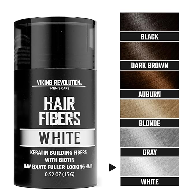 Viking Revolution White Hair Fibers for Thinning Hair Men - Thick Fiber for Bald Spot Cover Up - Hair Building Fibers with Kerating and Biotin - Hair Fiber for Men for Thicker and Fuller Look (0.52oz)