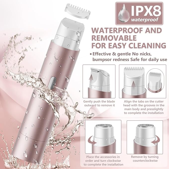 Bikini Trimmer for Women 2-in-1 Electric Shaver and Razors IPX8 Waterproof for Wet & Dry Use Painless Hair Trimmer Removal for Body, Underarms, Legs and Face Rechargeable for Sensitive Skin