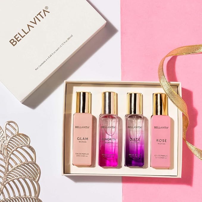BellaVita Luxury Women's Perfume Gift Set | 4x20ml | Notes of Floral, Sweet, Spicey Red Fruit, Vanilla & Musk | DATE, SENORITA, GLAM & ROSE | French Parfum Collection Gift Set
