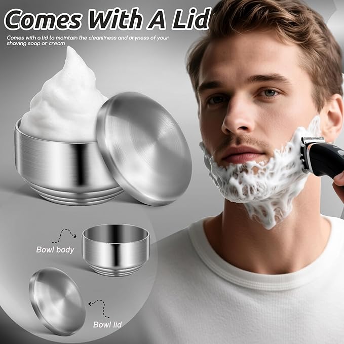 NOLITOY Men’s Stainless Steel Shaving Soap Bowl with Lid, Small Double-layer Shave Cup for Bathroom, Sturdy Metal Mixing Bowl for Shaving Cream and Razor Cleaning, Household Grooming Tool