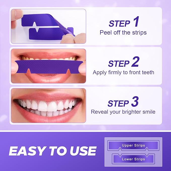 Teeth Whitening Strips 10 Treatments - 10 Days Treatment with Non-Slip & Enamel-Safe & No-Sensitivity, Teeth Whitening Kit for Coffee, Wine Stains Removal Fastly (20 Strips - Purple)