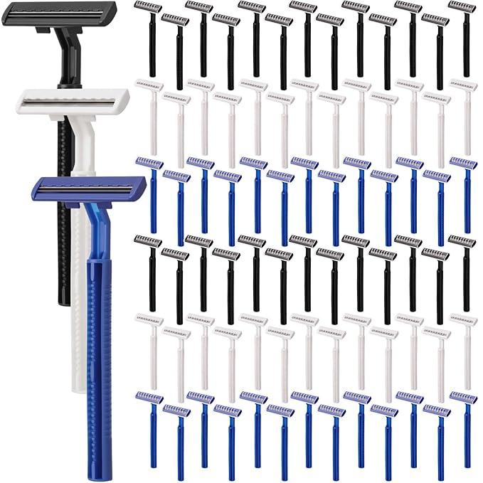 Hanaive Men's Disposable Razors Bulk Twin Blade Disposable Stainless Steel Hospitality Quality Shaver Multipurpose Portable Shave Razor Manual for Bathing Hotel Travel (Black White Blue, 100 Pcs)