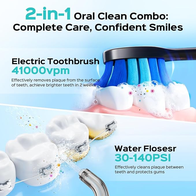 COSLUS C51C30 Electric Toothbrush with Water Flosser Combo: Portable Oral Clean Kit for Teeth Brushing & Flossing, Multiple Modes for Multiple Users, Cordless for Home & Travel Use, Black