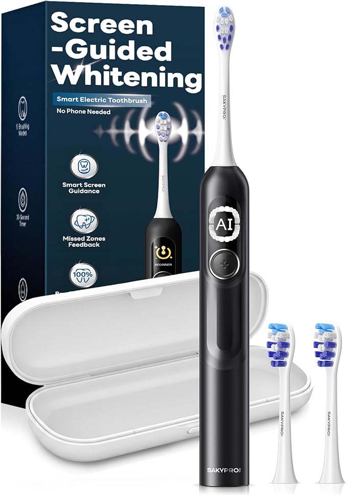 AI Sonic Electric Toothbrush for Adults with Brushing Score & Smart Timer Display, 6-Zone Tracking, Rechargeable Whitening Brush with Soft Heads (Midnight Black)