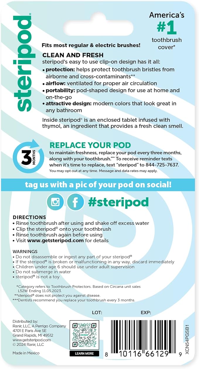 Steripod Clip-On Toothbrush Protector, Green and Blue, 2 Count