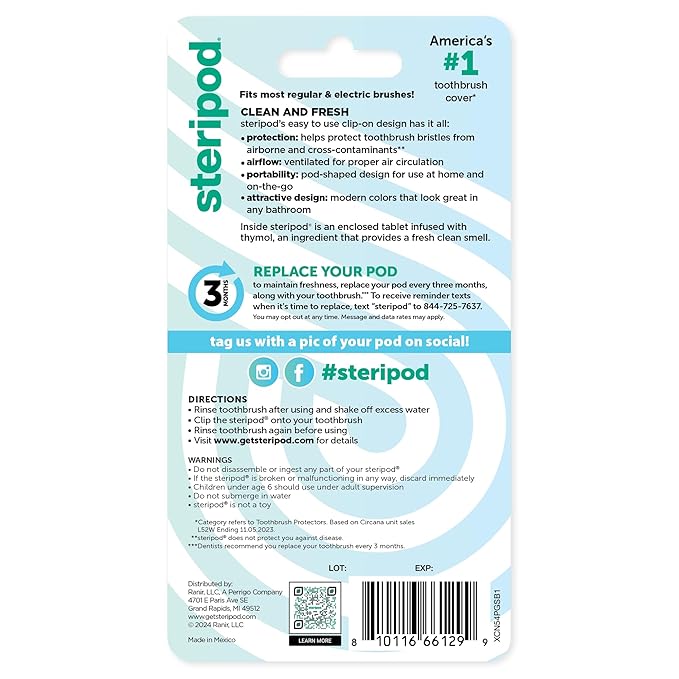 Steripod Clip-On Toothbrush Protector, Keeps Toothbrush Fresh and Clean, Fits Most Manual and Electric Toothbrushes, Blue, Green, Clear, 4 Count