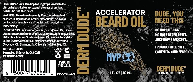 Derm Dude Accelerator Beard Growth Oil for Men | With Castor Oil & Jojoba Oil for Hair Growth | Promotes Thicker Fuller Beard | Hydrate & Soften Facial Hair, Non-Greasy - SandalWoody 1oz