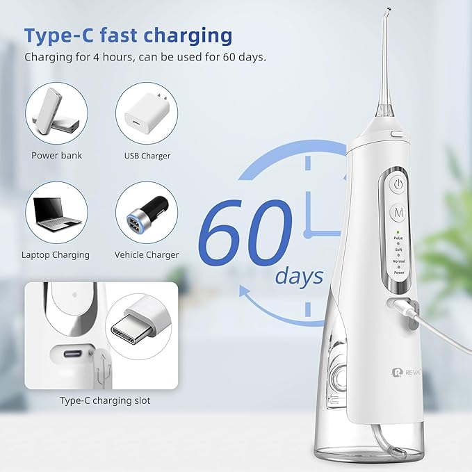 Cordless Dental Water Flosser for Teeth, Gums & Braces - Electric Oral Irrigator 310ML, 4 Modes, Rechargeable, 4 Jet Tips, Smart Memory, 360° Nozzle, IPX7 Waterproof & Low Noise (M209 - White)