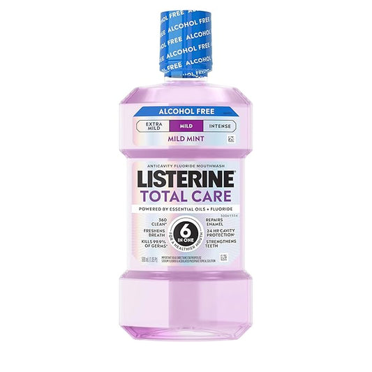 Listerine Total Care Alcohol-Free Mild Mouthwash, 6 Benefit Oral Rinse to Help Kill 99.9% of Germs that Cause Bad Breath, Strengthen Enamel, Mild Mint Flavor, 500 mL