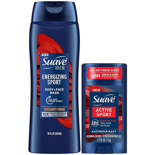 Suave Men’s Body Wash, Energizing Sport + Antiperspirant Deodorant for Men, Active Sport, Bergamot & Wood, 48H Sweat & Odor Protection (2 Piece Set)