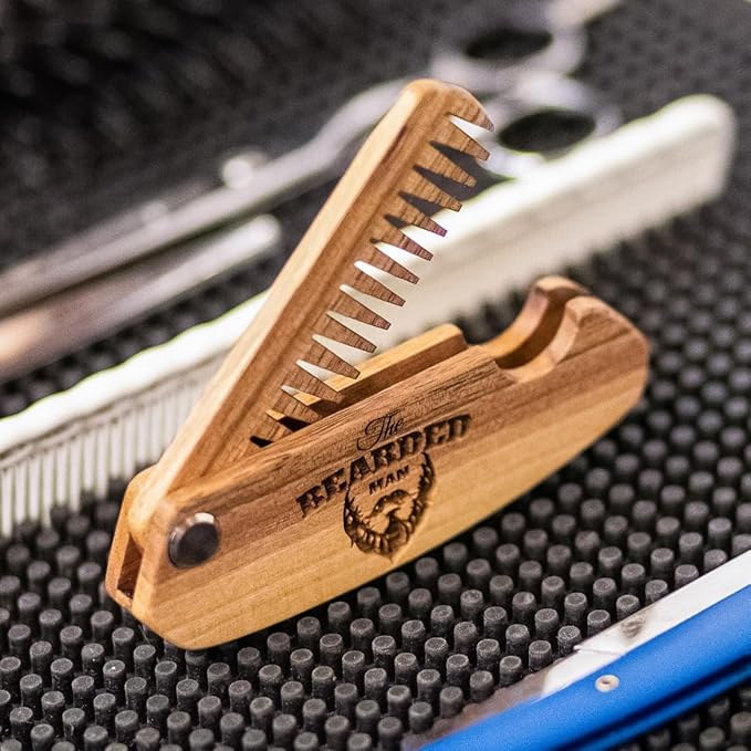 Beard Comb for Men Pocket Folding Combs for Mustache & Hair Travel Natural Wooden Comb with Real Man Engraving - Perfect for Use w/Beard Balm Oil (The Bearded Man)
