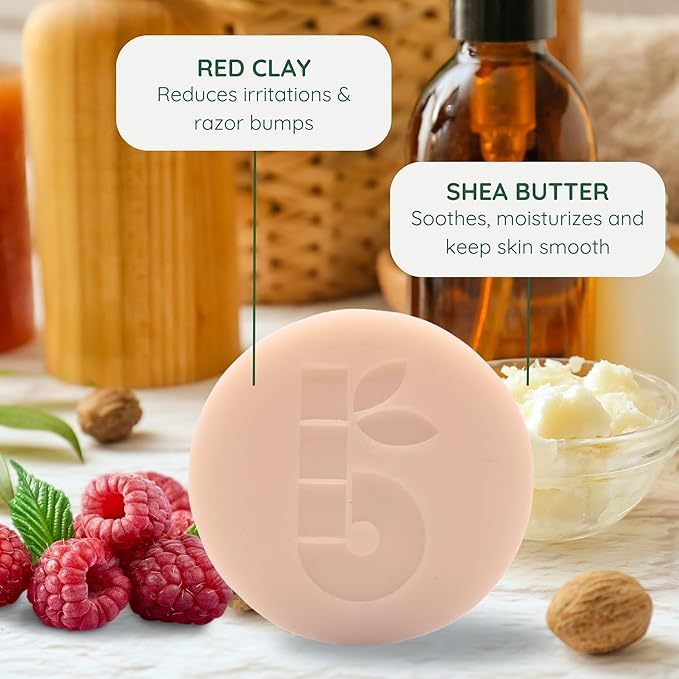 Bambaw Women Shaving Soap 2.5 oz, Red Clay & Shea Butter Shave Soap Puck, Eco & Vegan Shaving Soap, Exfoliating Shaving Bar, Raspberry Shave Bar