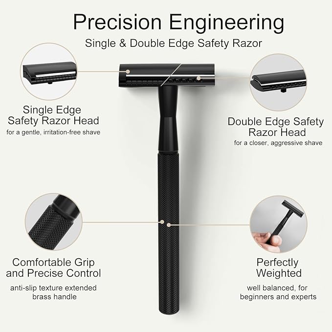 Safety Razor, Single Blade Razors for Men, Reusable Metal Razor, with 10 Double Edge Blades, Smooth Close Gentle Shave, Plastic Free, Matte Black