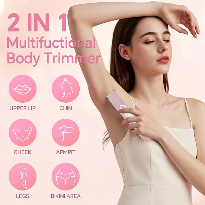 Bikini Trimmer for Women - 2 in 1 Dual Head Electric Razor, Painless Pubic & Body Hair Remover for Face, Legs, Underarms, IPX6 Waterproof, Cordless Rechargeable for Travel, Gift for Her (Pink)