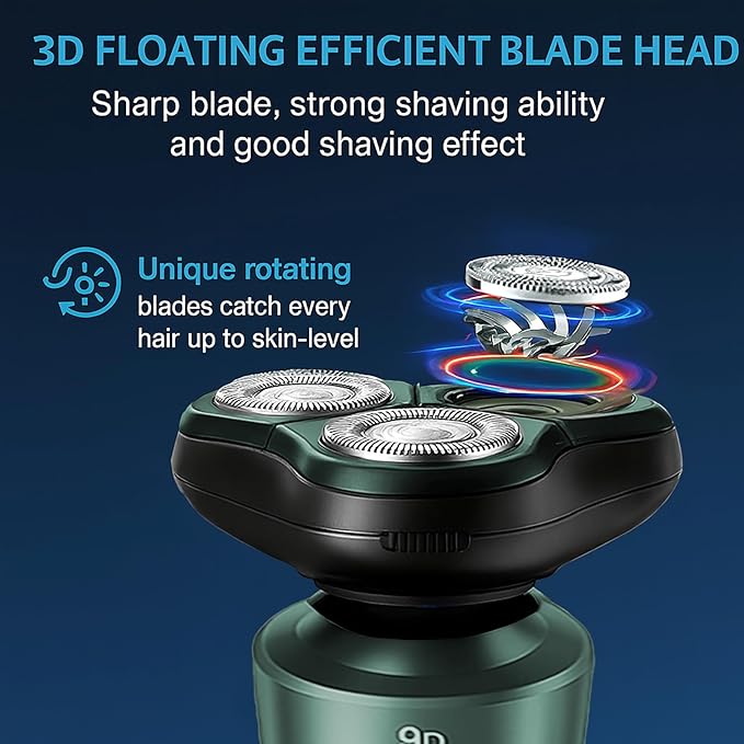 Electric Razor for Men, Rotary Electric Shaver with 3D Floating Heads, USB-C Charging Rechargeable Cordless Beard Shaver, Ideal for Travel, Office, and Business Trips (Green)