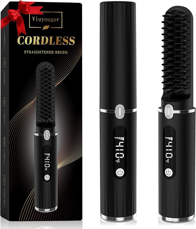 Beard Straightener for Men - Cordless Heated Beard Straightening Comb with LCD, Beard and Hair Straightener Brush Hot Comb, Anti-Scald & Automatic Shut-Off, Portable for Travel