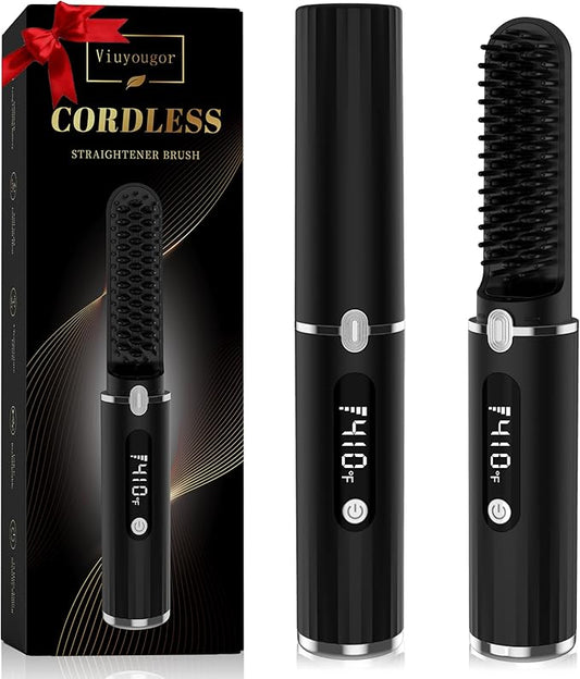 Beard Straightener for Men - Cordless Heated Beard Straightening Comb with LCD, Beard and Hair Straightener Brush Hot Comb, Anti-Scald & Automatic Shut-Off, Portable for Travel