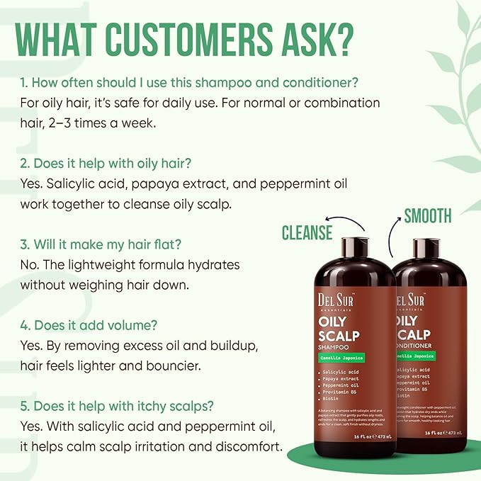 DEL SUR Clarifying Shampoo & Conditioner Set for Oily Scalp | 16 fl oz | with Camellia Japonica, Salicylic Acid, Papaya & Biotin | Oil Control for Oily Roots & Greasy Hair