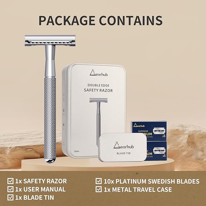 Gearhub Double Edge Safety Razor Stainless Steel Metal Reusable Wet Shaving Razor with 10 Swedish Platinum Blades for Men Women Barber Bikini Armpit Hair, Silver GRB3G