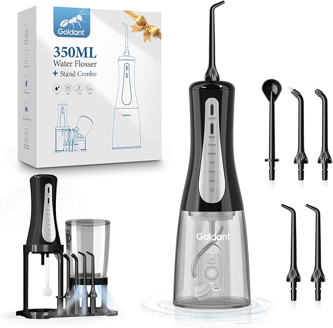 350ML Water Dental Flosser Teeth Pick with Stand Convenient Storage, 5 Modes Portable Cordless Oral Irrigator, Electric Rechargeable IPX7 Waterproof for Home Travel Teeth Cleaning(Black)