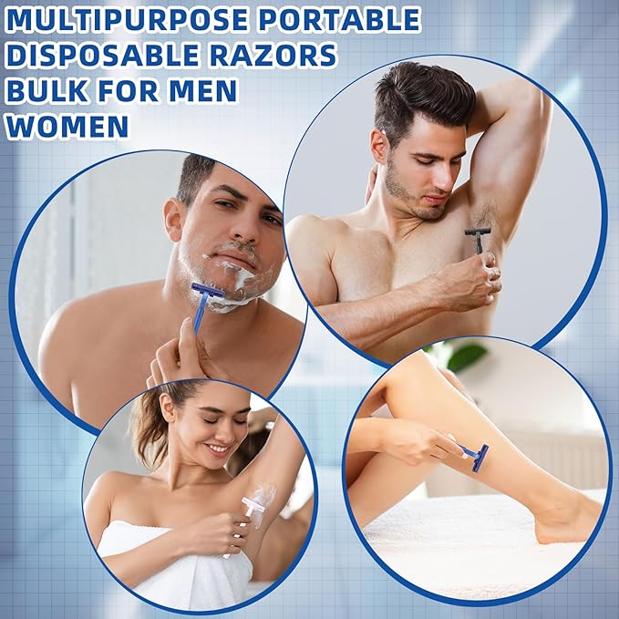 Hanaive Men's Disposable Razors Bulk Twin Blade Disposable Stainless Steel Hospitality Quality Shaver Multipurpose Portable Shave Razor Manual for Bathing Hotel Travel (Black White Blue, 100 Pcs)