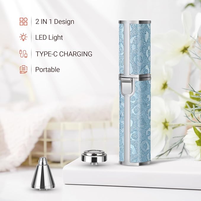 Facial Hair Removal for Women: 2-in-1 Rechargeable Nose Hair & Eyebrow Trimmer, Face Shaver with Built-in LED Light for Removing Chin, Upper and Lower Lip Area Peach Fuzz