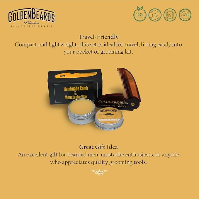 Golden Beards Mustache Wax with GB-77 Folding Comb – Organic & Natural Styling Wax for Men – Strong Hold, Vegan, Cruelty-Free Grooming Kit