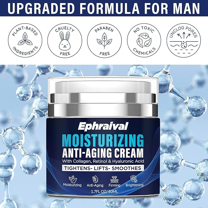 Retinol Anti-Aging Cream for Men: Moisturizing Face Cream with Hyaluronic Acid Vitamin E Peptides - Reduces Wrinkles Firms Skin Lightweight Formula 1.7 fl oz