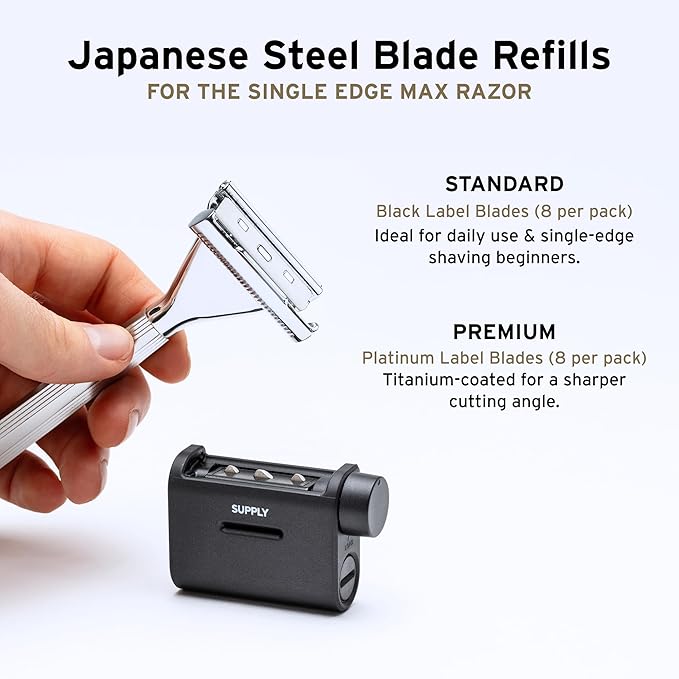 SUPPLY Single Edge Max Blade Refills for Men – Includes 8 Black Label Steel Replacement Blades – Crafted in Japan