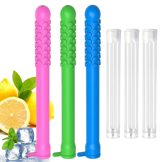 3PCS Chewable Sticks with Essential Oil, Chewable Slicone Sticks for Fresh Breath, Portable Breath Freshener with 9 Replacement Cores, Chewable Essential Oil Breath Stick Travel-Friendly
